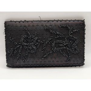 Rare Vintage Hong Kong Thalhimers Black Beaded Clutch Bag Satin Snap Closure